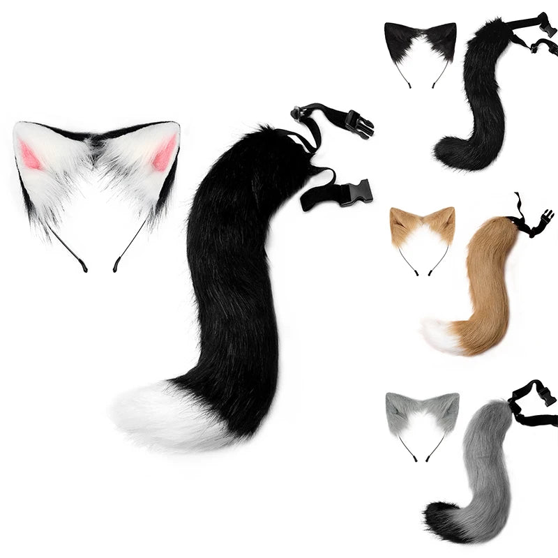 New Fox Cat Ears Headwear Fluffy Animal Ears Headband Ears Hair Hoop Tail Set for Halloween Party Cosplay Accessories Dress