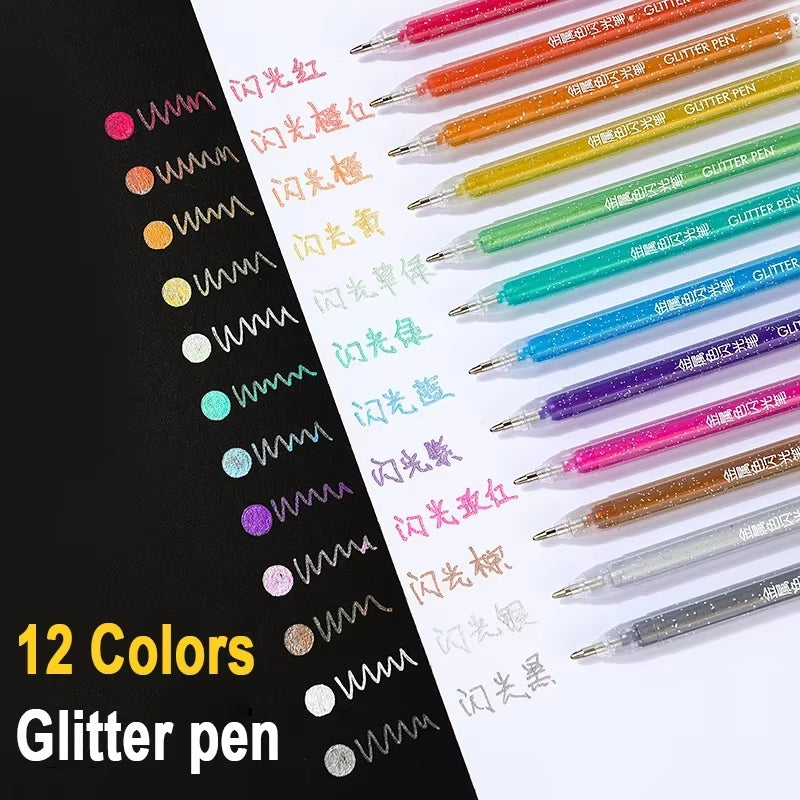 12Pcs/Set Gel Pen Set Glitter Gel Pens for School Office Adult Coloring Book Journal Drawing Doodling Art Markers Stationery Pen