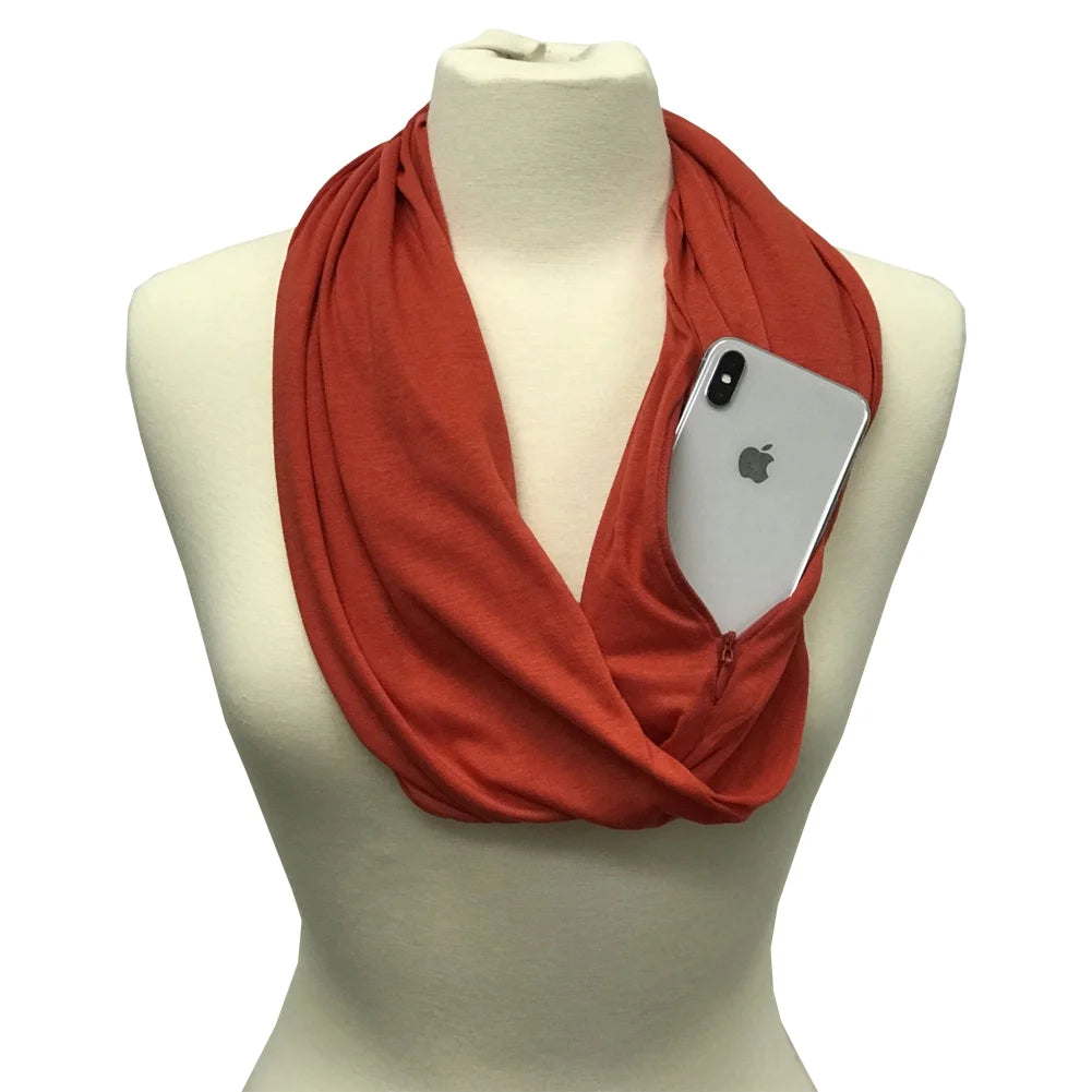 Solid Color Infinity Scarf for Women with Zipper Storage Pocket